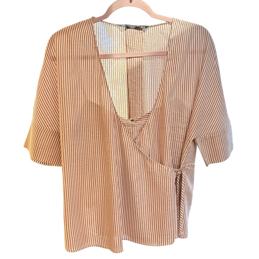 Zara Trafaluc Collection Sz L Short Sleeves Wrap Striped Shirt w/ Cami Wht & Red